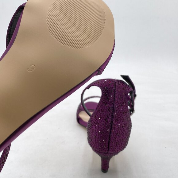 XYD Purple Satin Rhinestone Kitten Heel Sandals Ankle Strap Open Toe Prom Shoes - Picture 6 of 8
